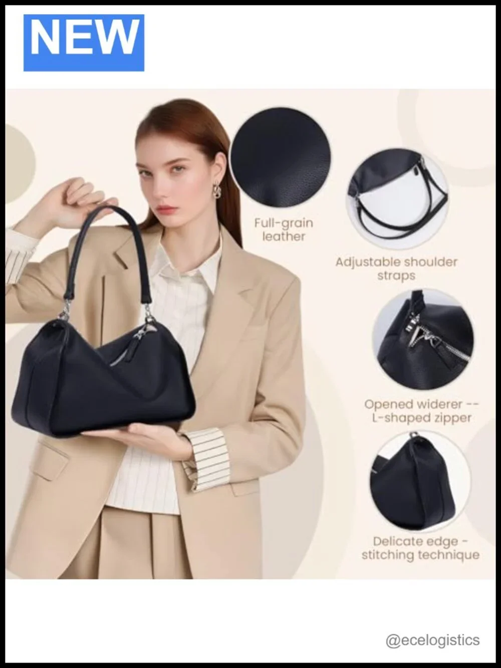 Full-Grain Leather Hobo Crossbody Bag Adjustable Strap w/ Pocket
